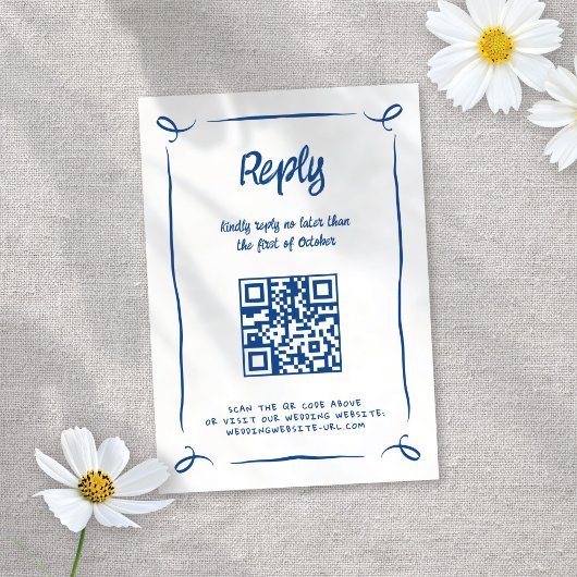 青お洒落図解入りの、写真付きの手描きおもしろい結婚 出欠カード