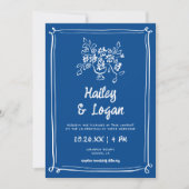 青お洒落図解入りの、写真付きの手描きおもしろい結婚 招待状 (正面)