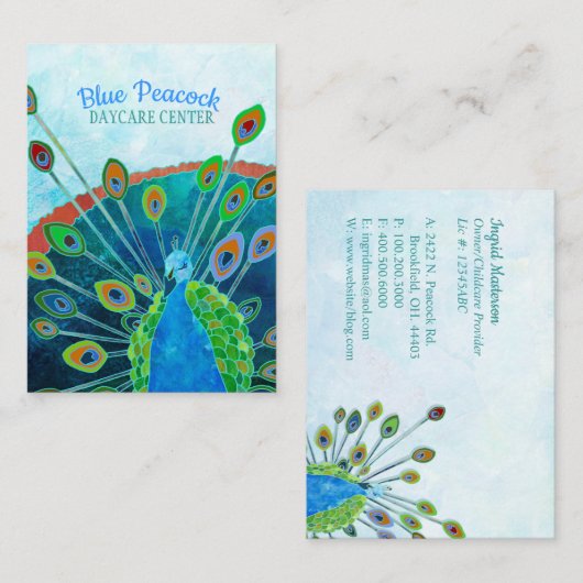 青お洒落孔雀チャイルドケア 名刺 (正面/裏面)
