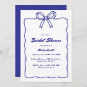 青お洒落手引きリボン弓ブライダルシャワー 招待状 (正面/裏面)