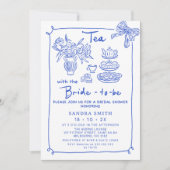 青お洒落手引き茶パーティーブライダルシャワー 招待状 (正面)