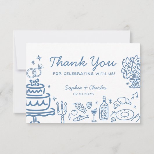 青お洒落手描きドードル結婚ズ・サンキュー サンキューカード (正面)