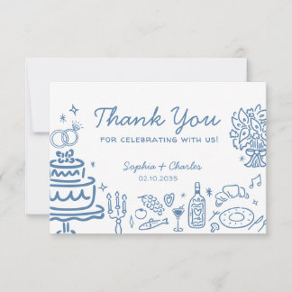 青お洒落手描きドードル結婚ズ・サンキュー サンキューカード