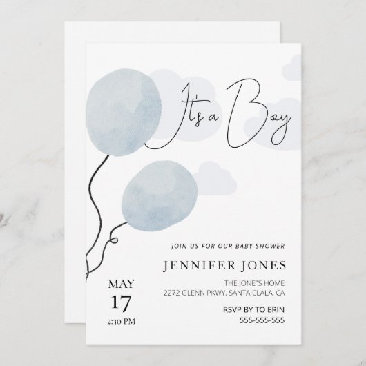 青お洒落気球は男の子だ 招待状 (正面/裏面)