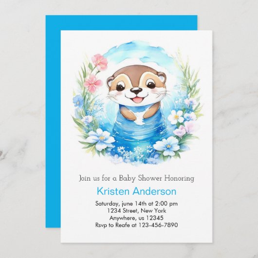 青お洒落水色オッターボーイベビーシャワー 招待状 (正面/裏面)