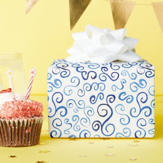 青お洒落水色抽象芸術曲線 ラッピングペーパー (誕生日パーティー)