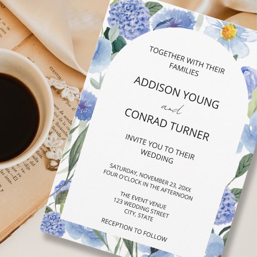 青お洒落水色植物体結婚属 招待状