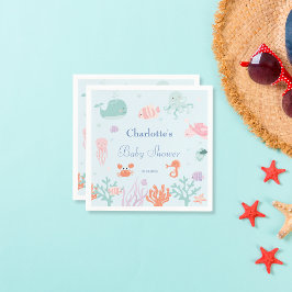 青お洒落海動物赤ちゃんシャワーパーティー スタンダードカクテルナプキン