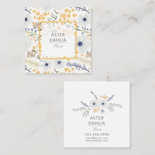 青お洒落灰色の黄色い花 スクエア名刺 (正面/裏面)