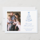 青お洒落白の弓メリークリスマスフォト シーズンカード (正面)