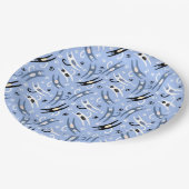 青お洒落白の黒猫の柄 ペーパープレート (アングル)