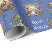 青お洒落色ステンドグラス復活祭バニーパターン ラッピングペーパー (ロールコーナー)