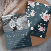 青お洒落色ピンクのフローラ結婚写真 招待状