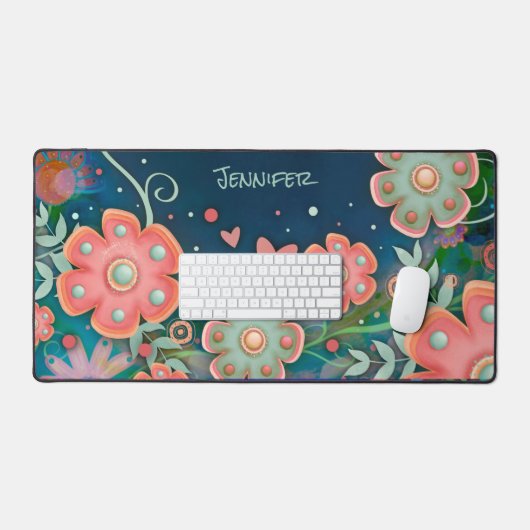 青お洒落色フローラハートパーソナライズされた デスクマット (キーボード&マウス)