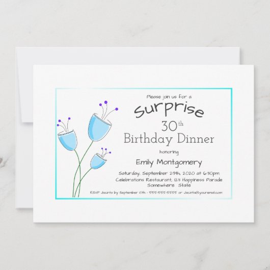 青お洒落花サプライズ30歳の誕生日 招待状 (正面)