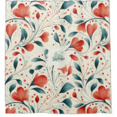 青お洒落葉と赤の花柄 シャワーカーテン (正面)