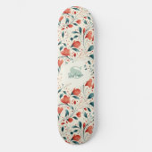 青お洒落葉と赤の花柄 スケートボード (正面)