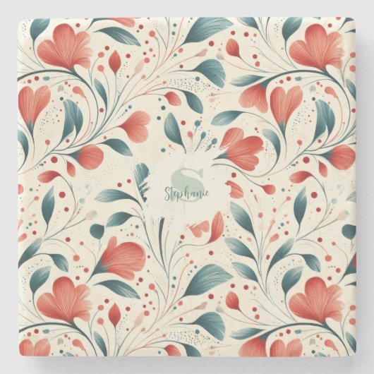 青お洒落葉と赤の花柄 ストーンコースター (正面)