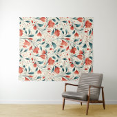 青お洒落葉と赤の花柄 タペストリー (インサイチュ(横))