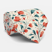 青お洒落葉と赤の花柄 ネクタイ (ロール)