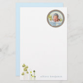 青お洒落象ファミリー男の赤ちゃん写真 便箋 (正面/裏面)