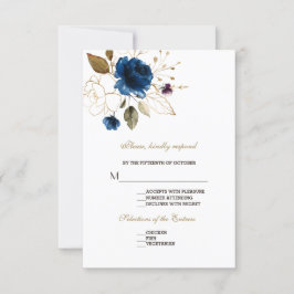 青お洒落金ゴールドフローラ結婚式RSVP 出欠カード
