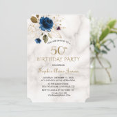 青お洒落金ゴールドフローラ50誕生日 招待状 (スタンド正面)