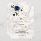青お洒落金ゴールドフローラ50誕生日 招待状 (正面/裏面)