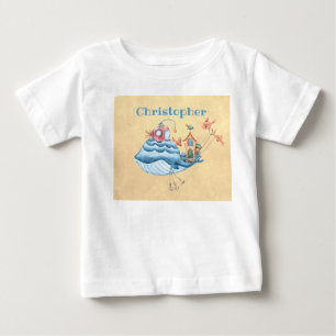 青お洒落鯨、潜水艦、家と魚 ベビーTシャツ