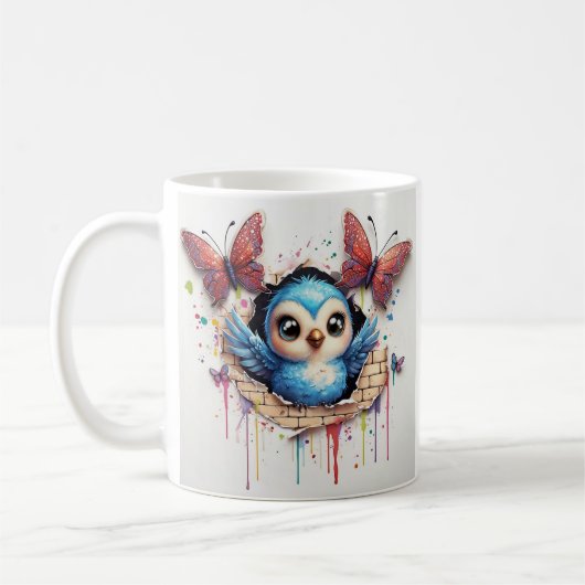 青お洒落鳥と蝶のイラストレーション コーヒーマグカップ (左)