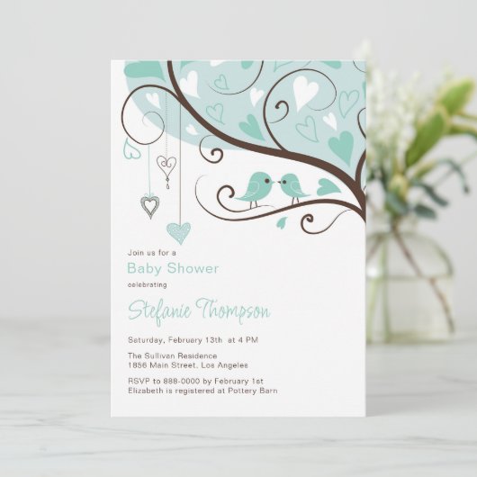 青お洒落鳥赤ちゃんシャワー招待状 招待状 (スタンド正面)
