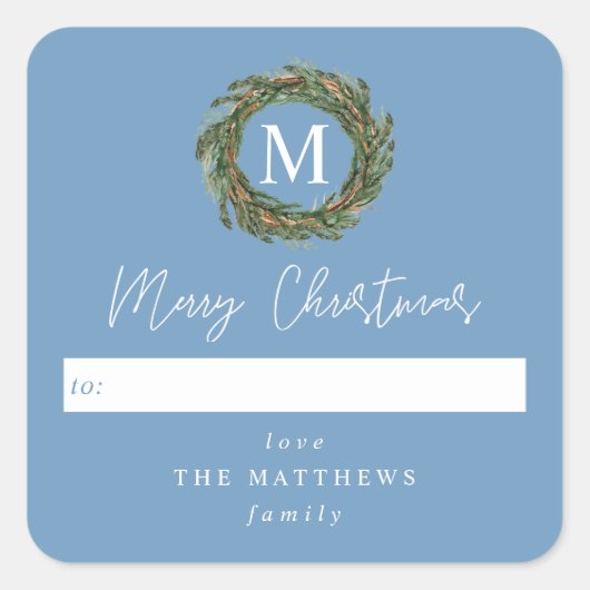 青からリースモノグラムメリークリスマス スクエアシール (正面)