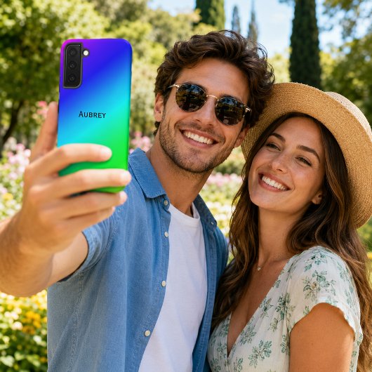 青から緑への斜めグラデーション 名前入れ可能 SAMSUNG GALAXYケース