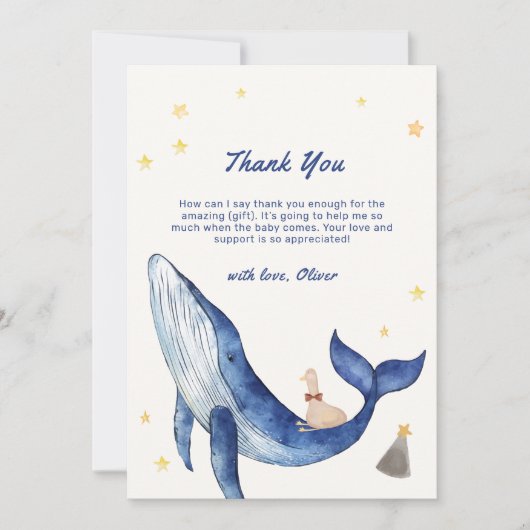 青かわいいお洒落アヒル星鯨の赤ちゃんシャワー サンキューカード (正面)