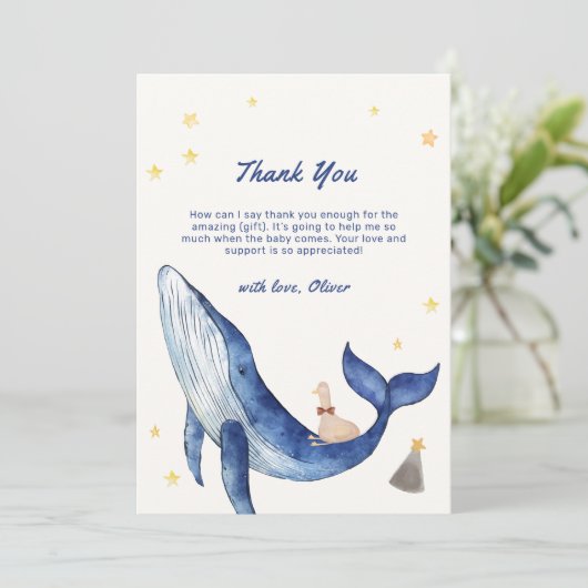 青かわいいお洒落アヒル星鯨の赤ちゃんシャワー サンキューカード (スタンド正面)