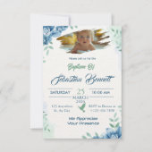 青かわいいカスタムフローラ写真バプテスマ宗教 招待状 (正面)