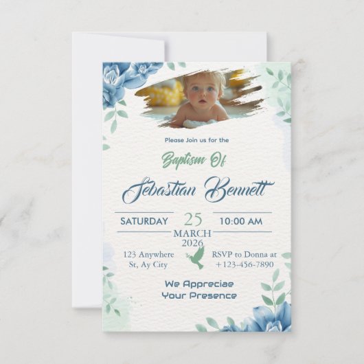 青かわいいカスタムフローラ写真バプテスマ宗教 招待状 (正面)