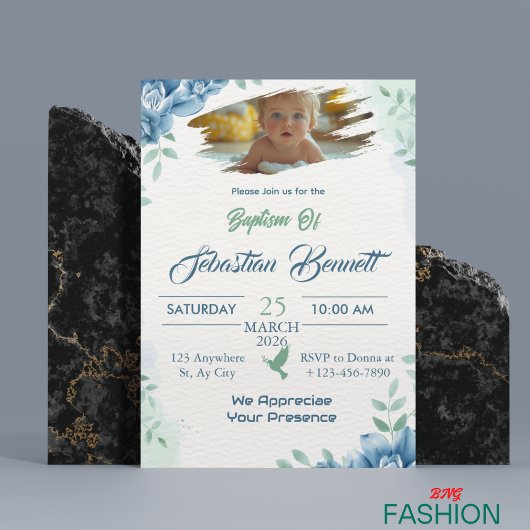 青かわいいカスタムフローラ写真バプテスマ宗教 招待状