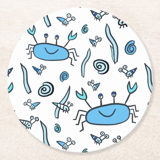 青かわいいカニの海の動物のパターンの子供 ラウンドペーパーコースター (正面)