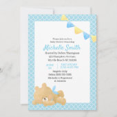 青かわいいテディベア男の子ベビーシャワー 招待状 (正面)