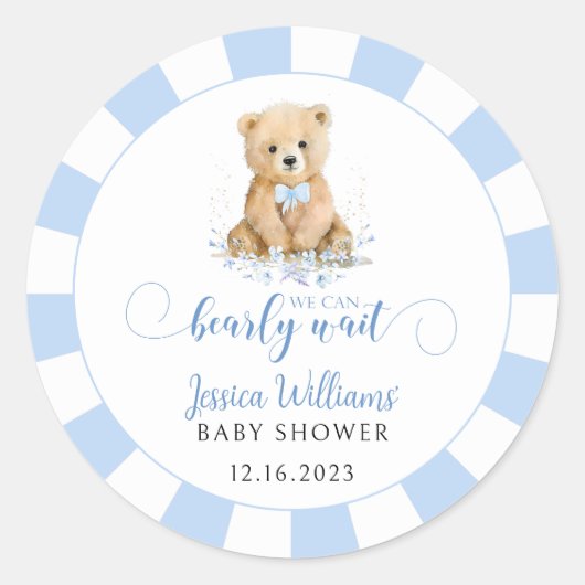 青かわいいテディベア男の赤ちゃんシャワー ラウンドシール (正面)