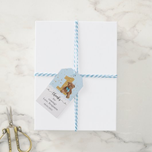 青かわいいテディベア1st誕生日 ギフトタグ (より糸付き)