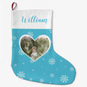 青かわいいハート、雪片クリスマスカスタム写真 ラージクリスマスストッキング (正面)