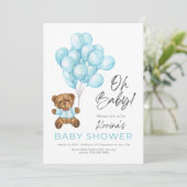 青かわいいOHベビーテディベアとバルーン 招待状 (スタンド正面)