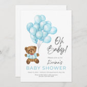 青かわいいOHベビーテディベアとバルーン 招待状 (正面/裏面)