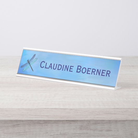 青かわいらしいドラゴンフライぶら下がったデスクの壁の小箱 デスクネームプレート (正面)