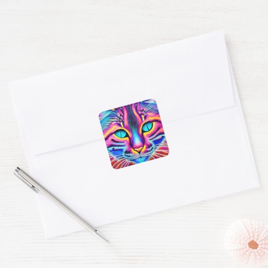 青かわいらしい目のカラフル漫画Aiが生み出した猫 スクエアシール (封筒)