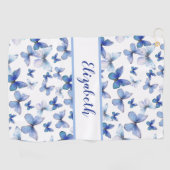 青かわいらしい蝶と名前をカスタムする ゴルフタオル (横)