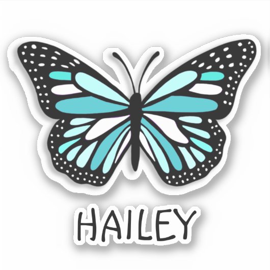 青かわいらしい蝶と名前パーソナライズされた シール (正面)