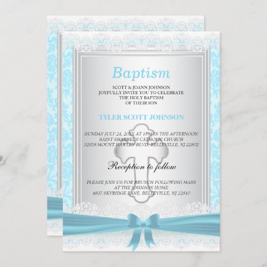 青かわいらしと白のサテンバプテスマ/《キリスト教》洗礼式や命名式 招待状 (正面/裏面)
